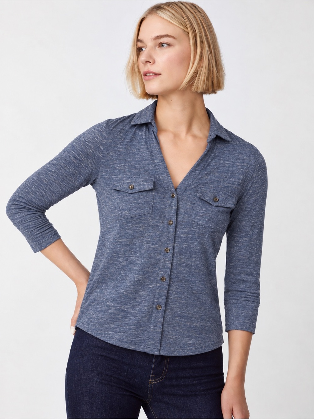 J. McLaughlin XL Blue Heathered Linen Brynn Button Down V neck Shirt Stretch